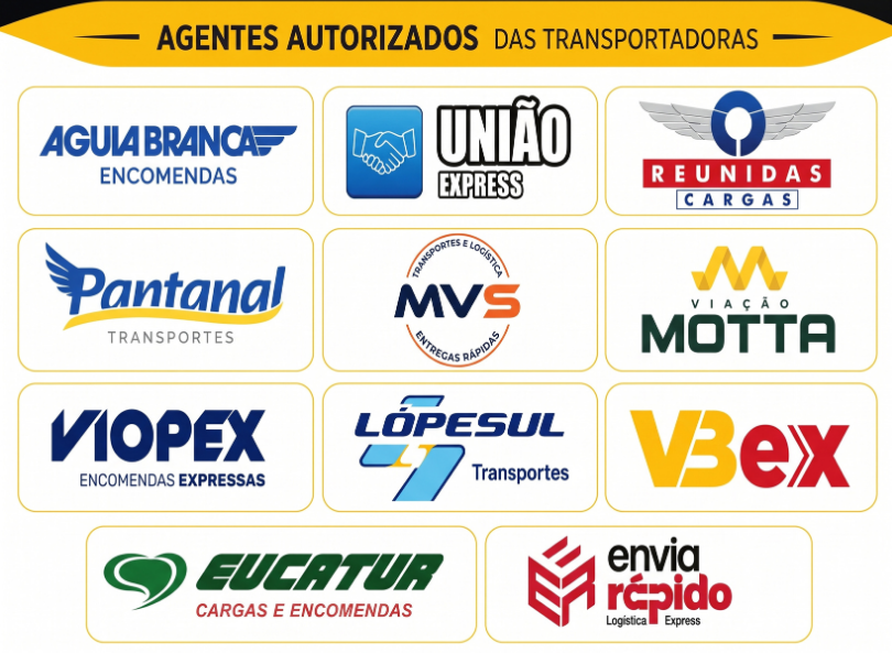 Logos das empresas parceiras: Vbex, Águia Branca, iopex, Reunidas, etc.